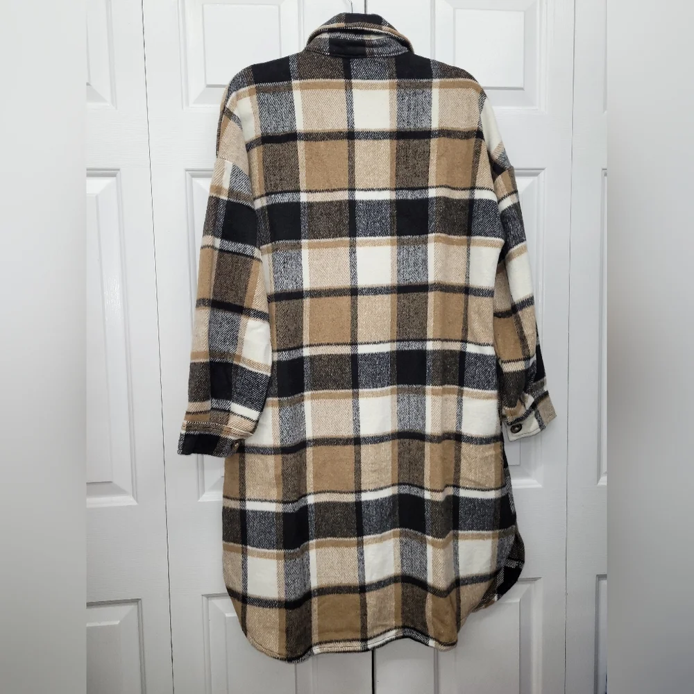 Women's Casual Plaid Long Shacket Shirt Jacket Button Front Oversized Lapel Coat